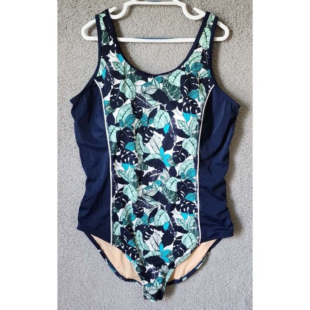 Catherines Sleeveless One Piece Swimsuit Blue Leaf Print Tropical Plus‎ Size 24W
